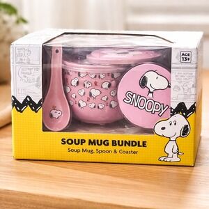 Peanuts Snoopy Soup Mug Bundle Spoon Coaster Pink Gift Set NIB Collector Ceramic